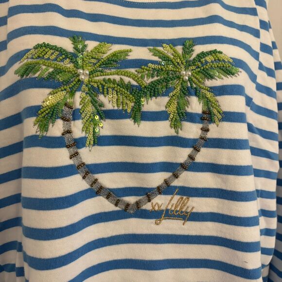 Lilly Pulitzer size Large Beaded Palm Tree Striped Beach Pullover Crewneck - Picture 4 of 7
